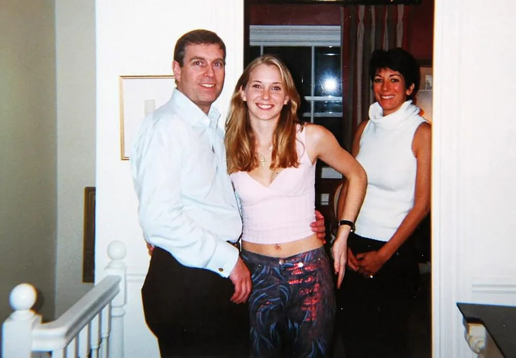 Prince Andrew stands next to a young Virginia with Ghislaine in the background.