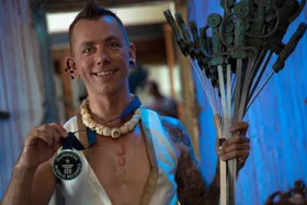 The Space Cowboy Chayne Hultgren, after breaking the world record by swallowing 17 swords at the same time. (Image: Ollie Grainger)