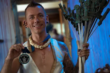 The Space Cowboy Chayne Hultgren, after breaking the world record by swallowing 17 swords at the same time. (Image: Ollie Grainger)