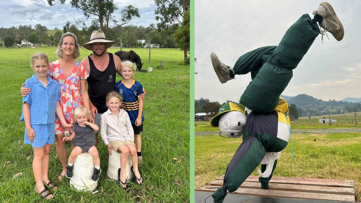 Hicks family in country Australia and their scarecrow, dressed as Raygun in a breakdancing pose