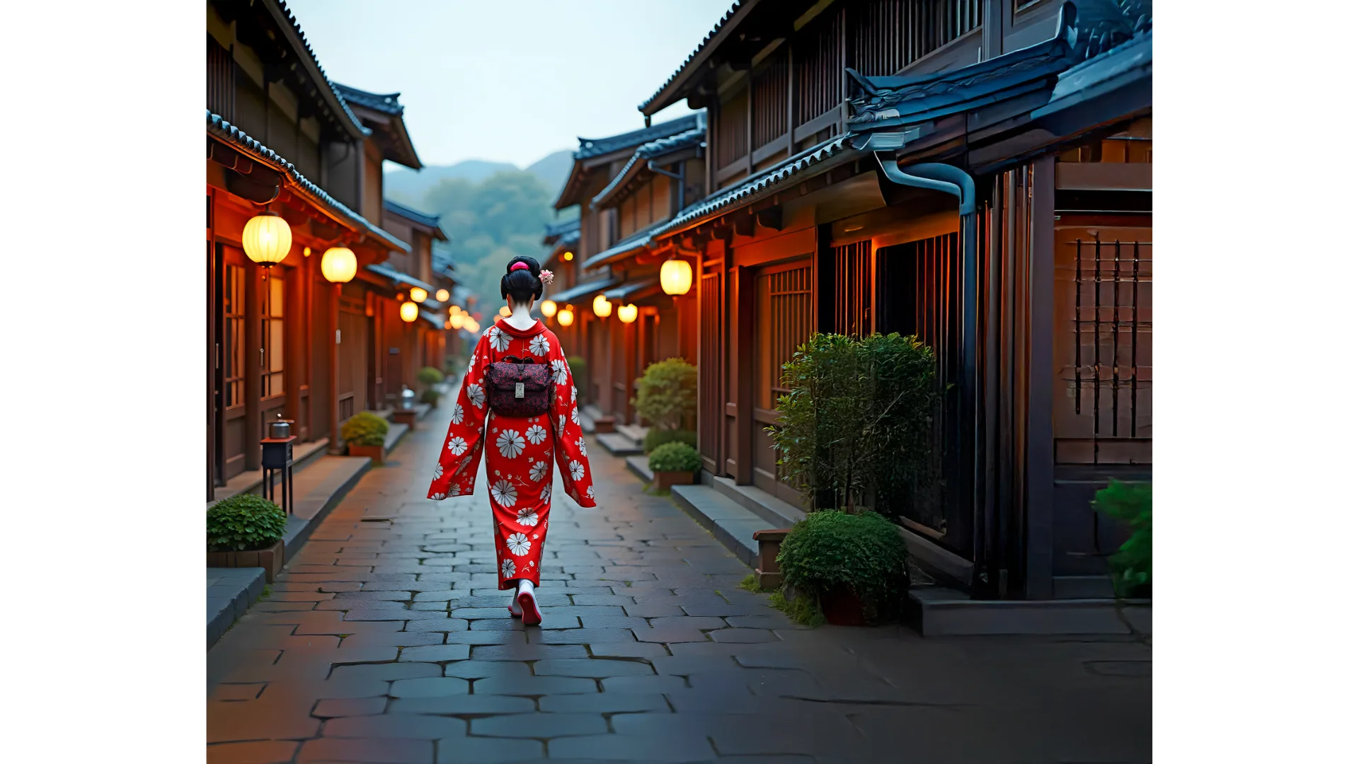 A geisha dressed in a red floral kimono walks the streets of Gion at dusk.
