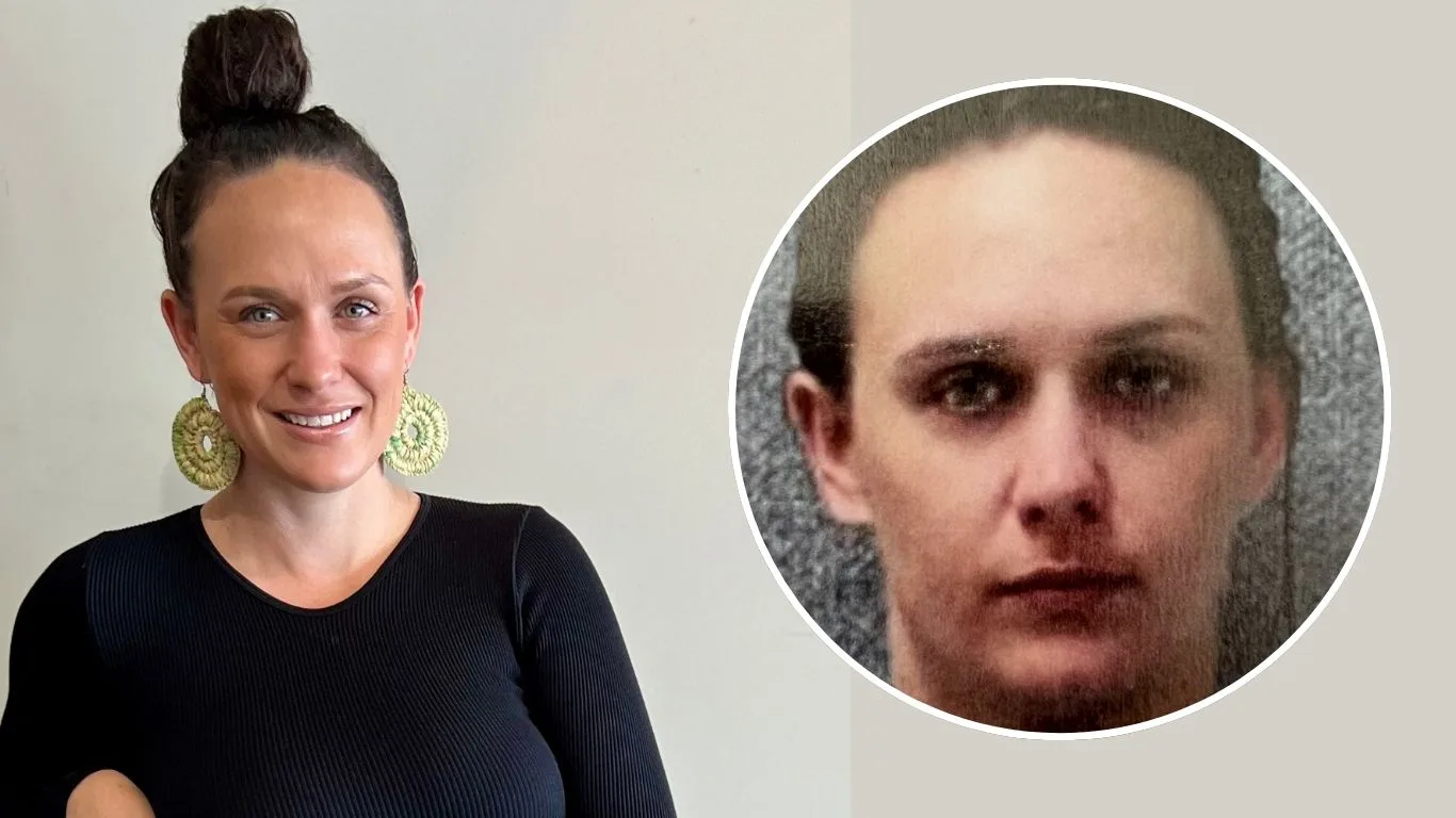 Tahlia Isaac looking fresh faced now next to a grainy mugshot of Tahlia during her addiction