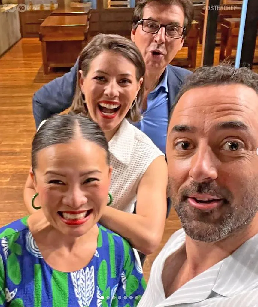 Andy, Poh, Sofia and Jean-Christophe pose in a selfie in the MasterChef kitchen and are all smiles