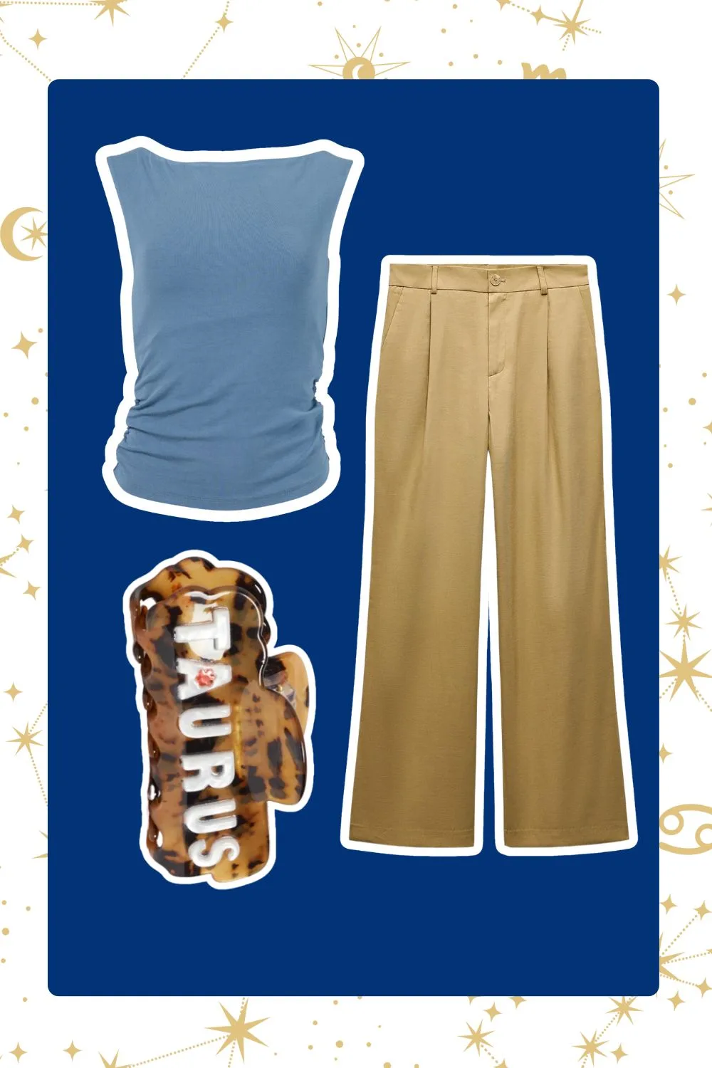 blue top and camel pants for Taurus Zodiac