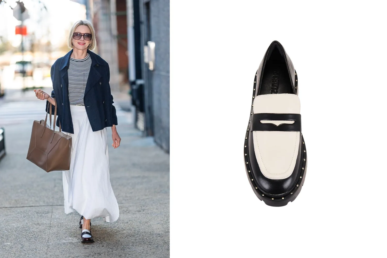 Image of celebrity wearing loafers and suggested styles to buy