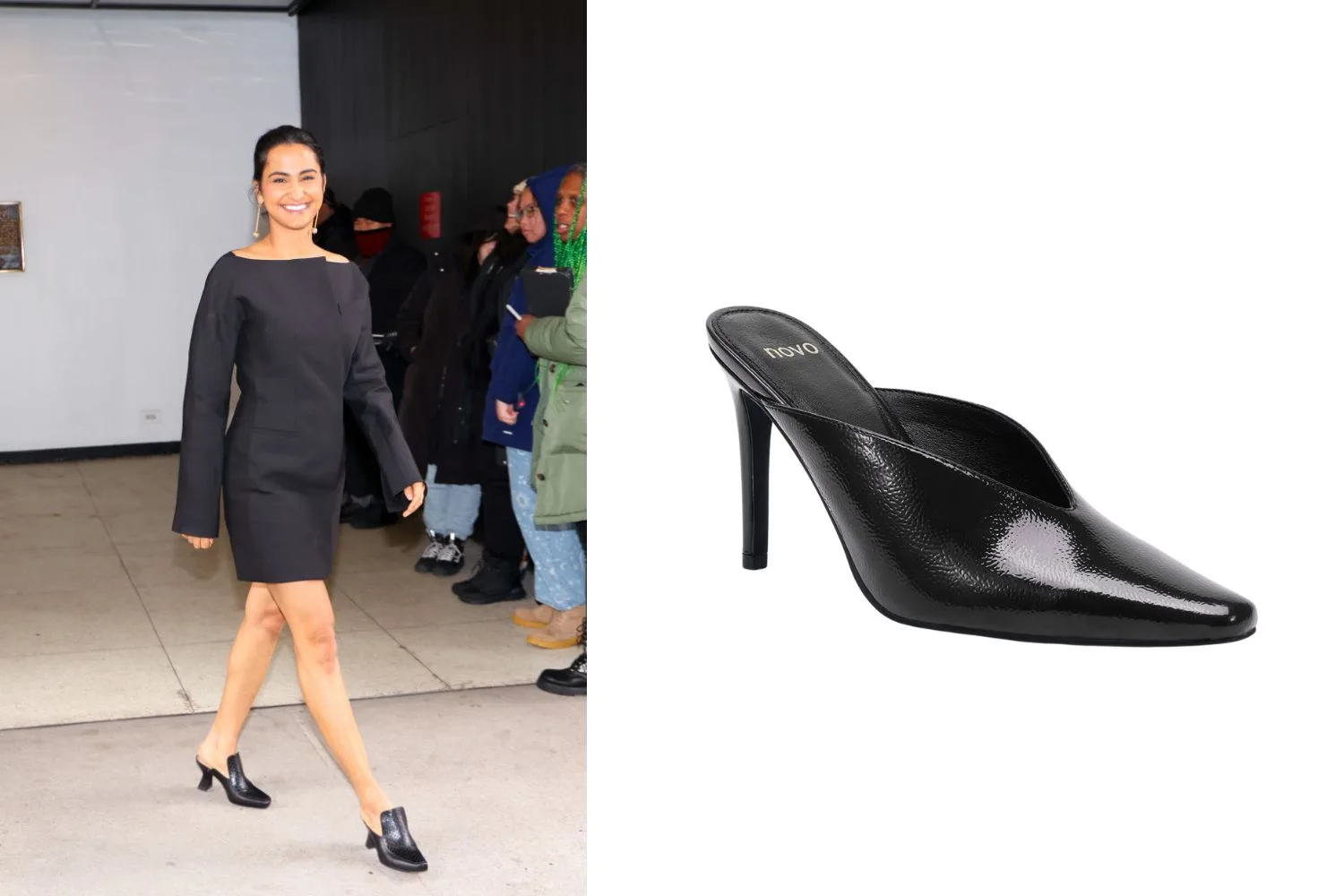 Image of celebrity wearing mules and suggested styles to buy