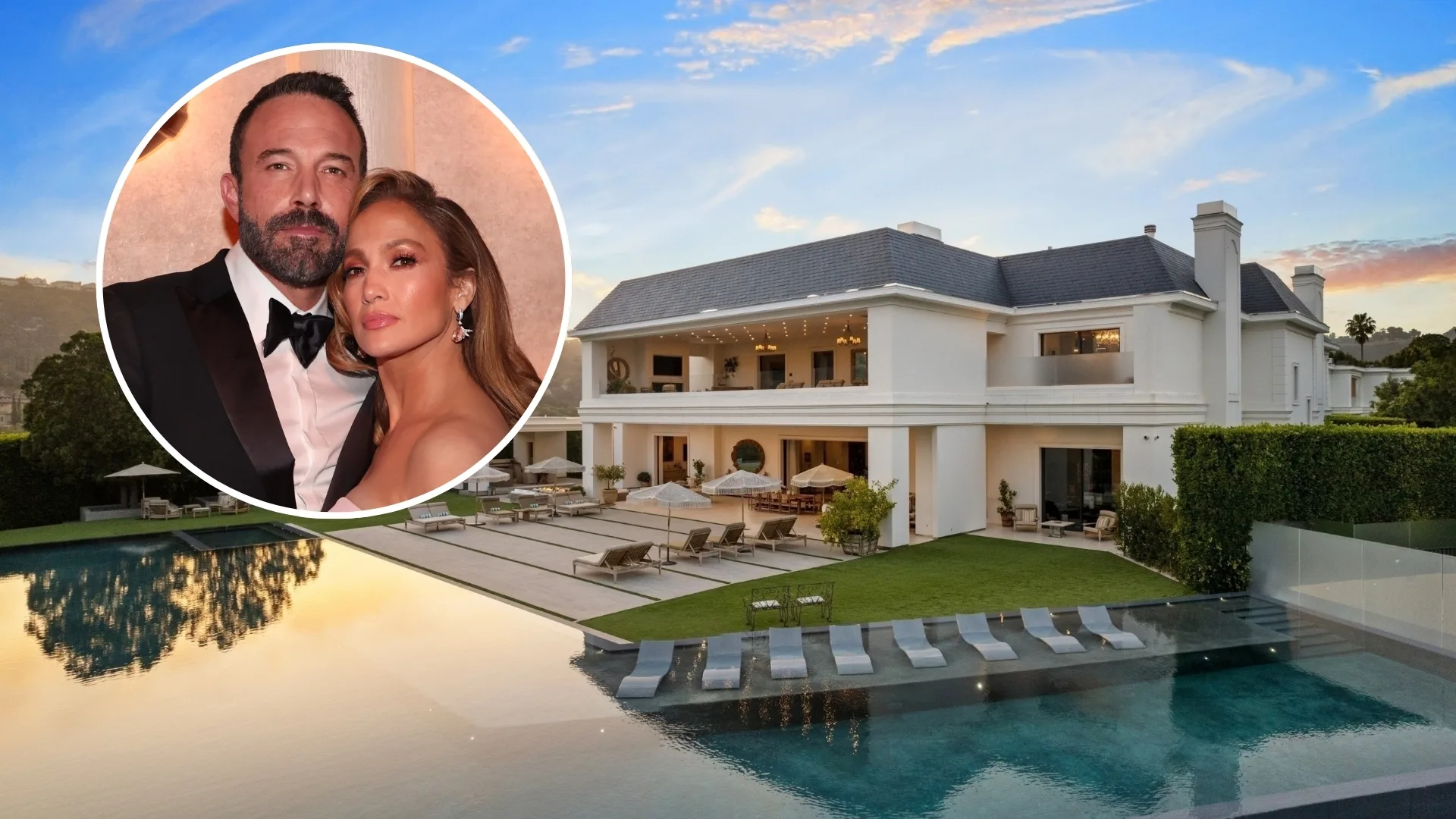 Inset of Ben Affleck and Jennifer Lopez over their Beverly Hills mansion.