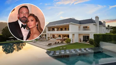 Inset of Ben Affleck and Jennifer Lopez over their Beverly Hills mansion.