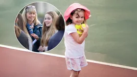 A little girl and an inset of a picture of a blonde older woman and a younger blonde woman.