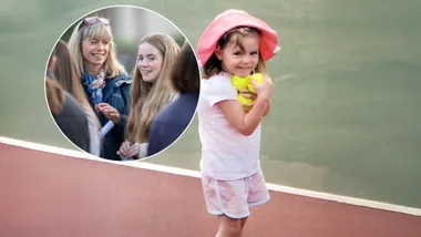 A little girl and an inset of a picture of a blonde older woman and a younger blonde woman.