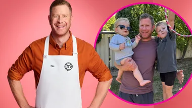MasterChef Australia contestant Tim Bone. INSET: Tim with his kids Toby and Jude.
