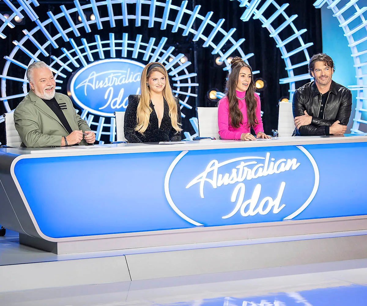 Kyle Sandilands, Meghan Trainor, Amy Shark and Harry Connick Jr sit next to each other on the judging panel of Australian Idol.