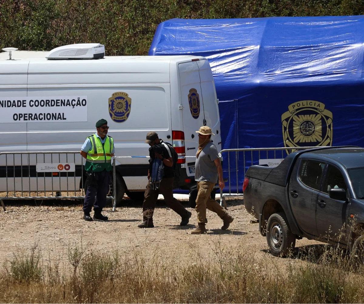 A white van, brown dusty area with a police tent, van and police.