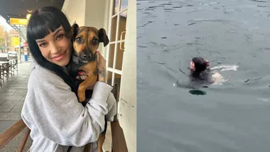 Shannon Clark cuddling her pet mini dachshund Chilli at a cafe (left) and Shannon in the water performing the puppy rescue (right)