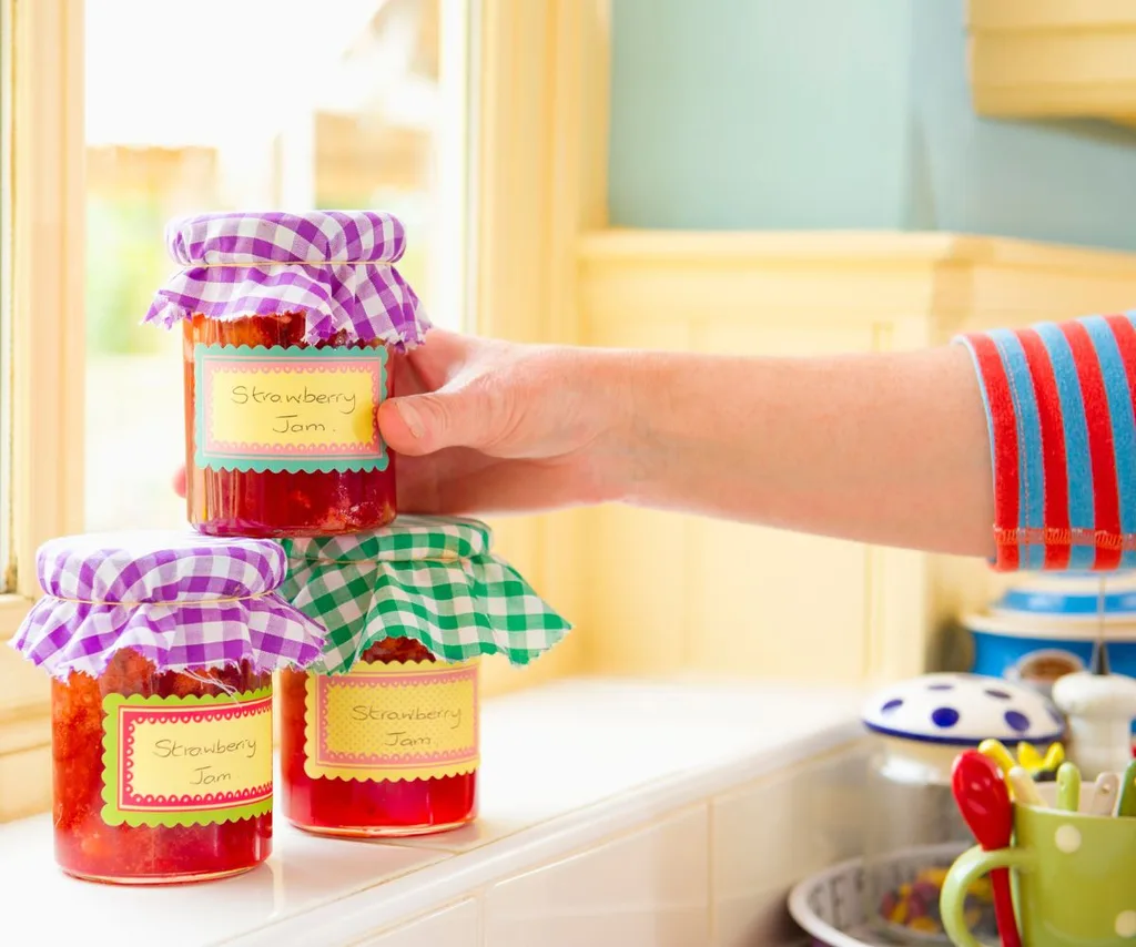 homemade jam jars on a kitchen countertop