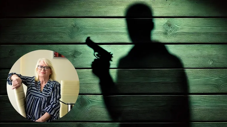 Shadow of a gunman with an inset of Margaret Mitchell