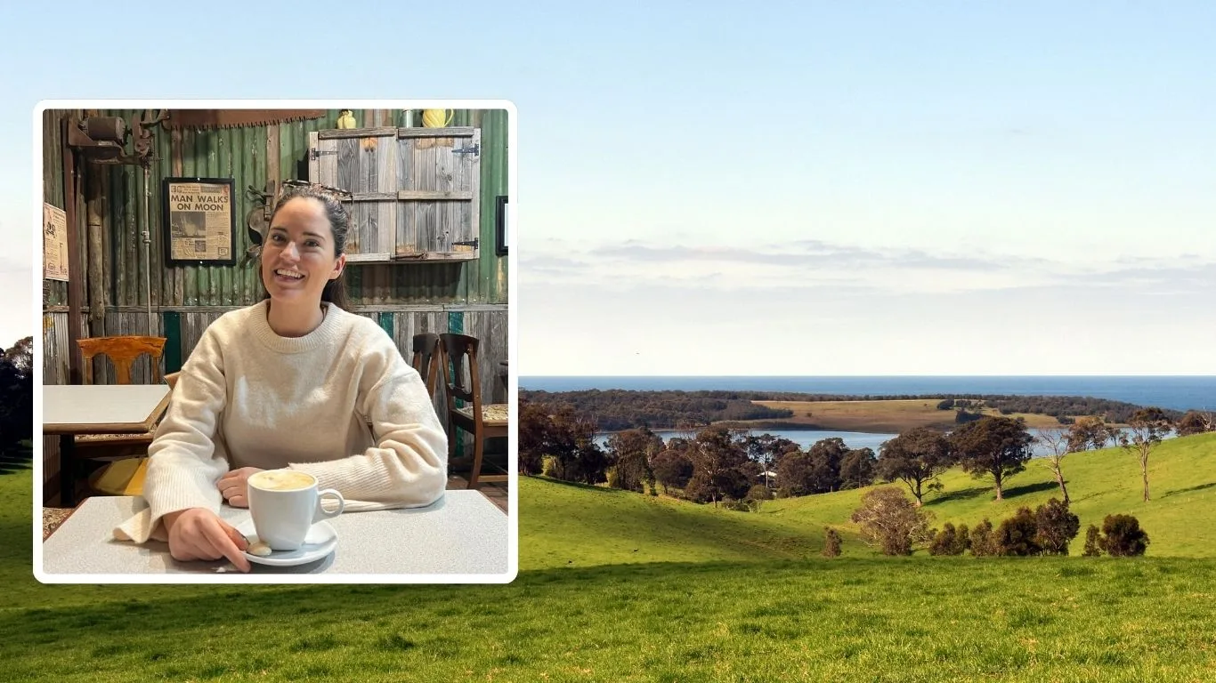 A beautiful green country landscape and inset, Zoe Carney sitting in a rustic country cafe
