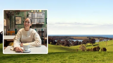 A beautiful green country landscape and inset, Zoe Carney sitting in a rustic country cafe