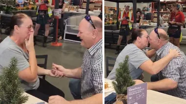 Jeff presenting the ring to Melanie in Bunnings and the happy couple kissing after Melanie accepted