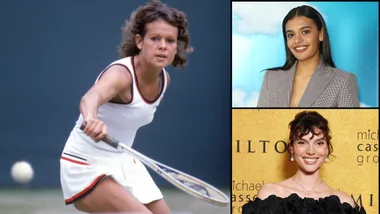 A tennis player in white next to head shots of two other women.