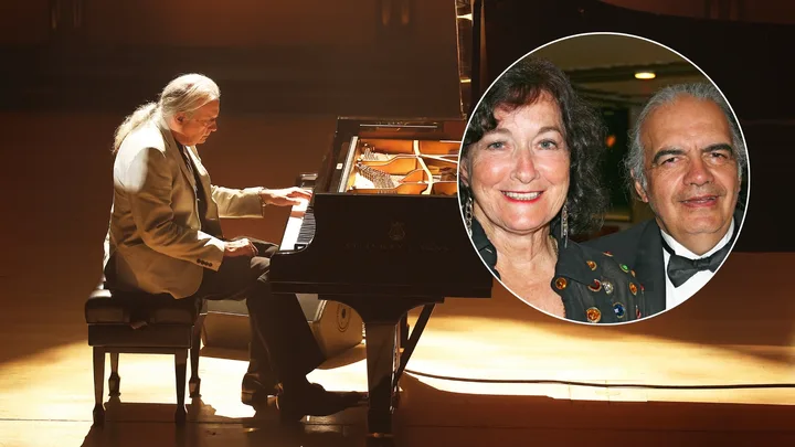 A man plays piano and there is an inset of the same man and woman smiling.