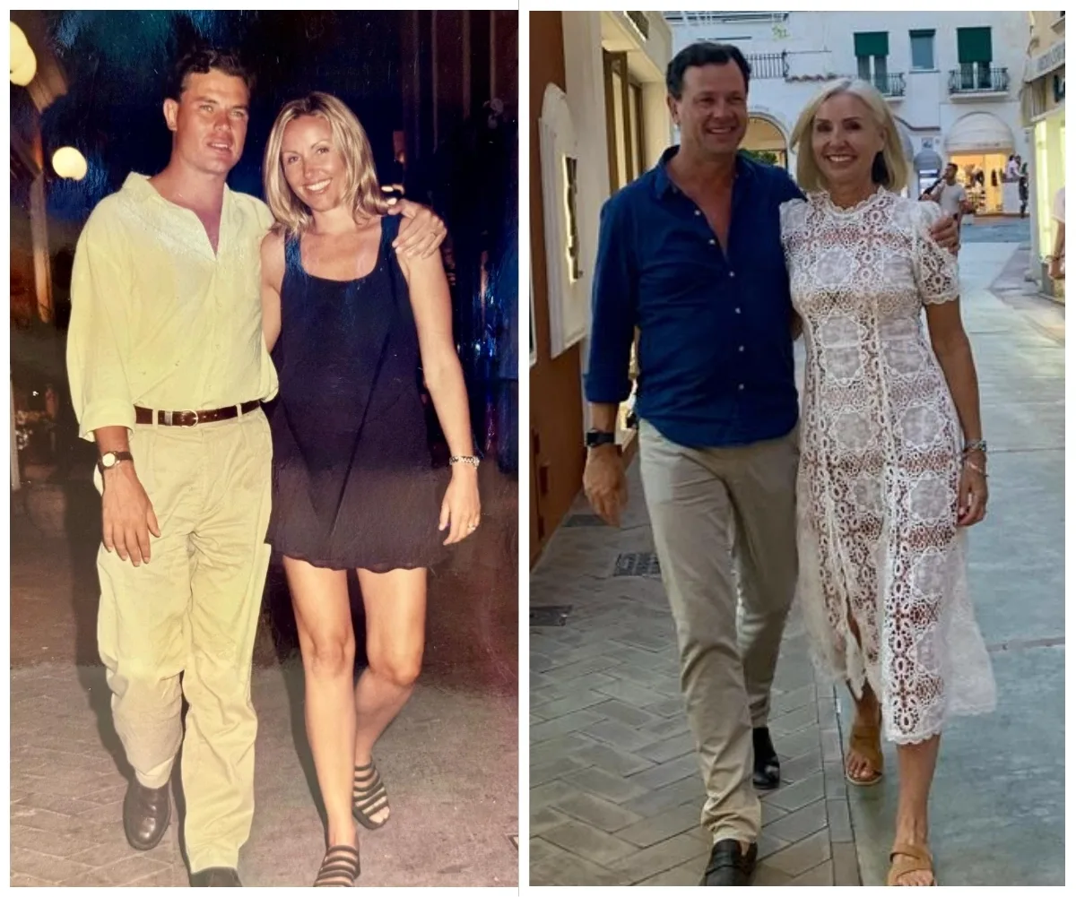 Two side by side images of Mark and Jane Ferguson walking down the sidewalk in Capri in different decades.