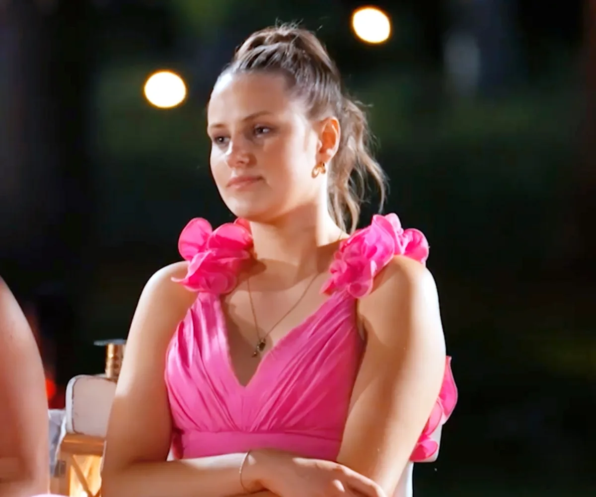 Farmer Wants A Wife contestant Keeley looks stern in a still from the show