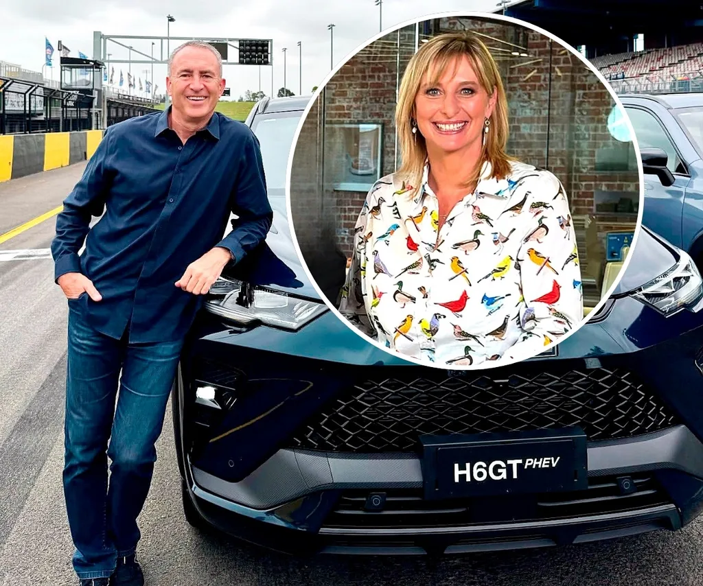 Mark Beretta leans on a car while an inset shows Johanna Griggs smiling in a bird shirt.