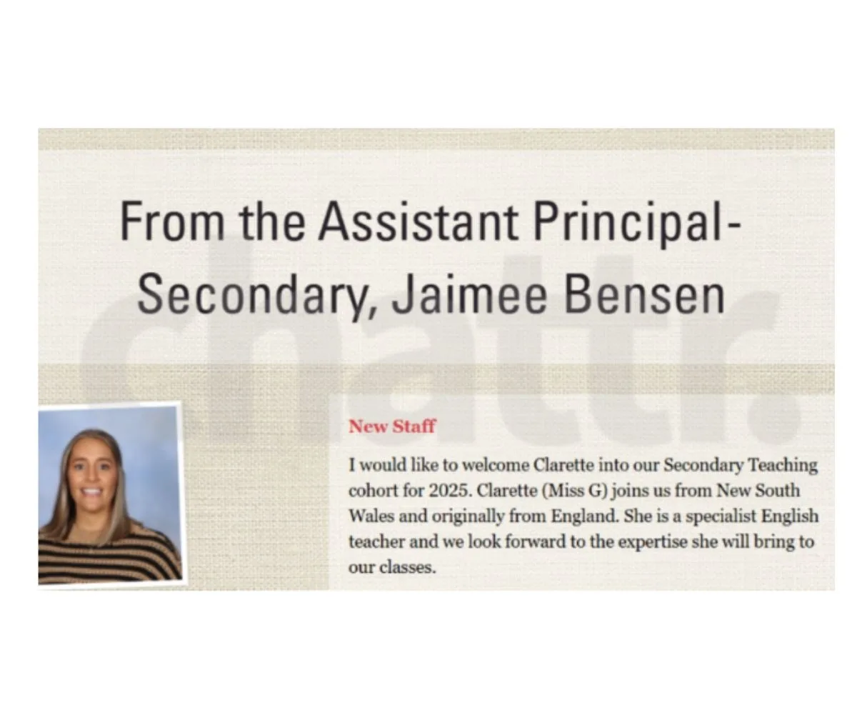 New life: A notice from a local Kimba school revealed that Clarette has joined their teaching staff. (Image: Wudina School)
