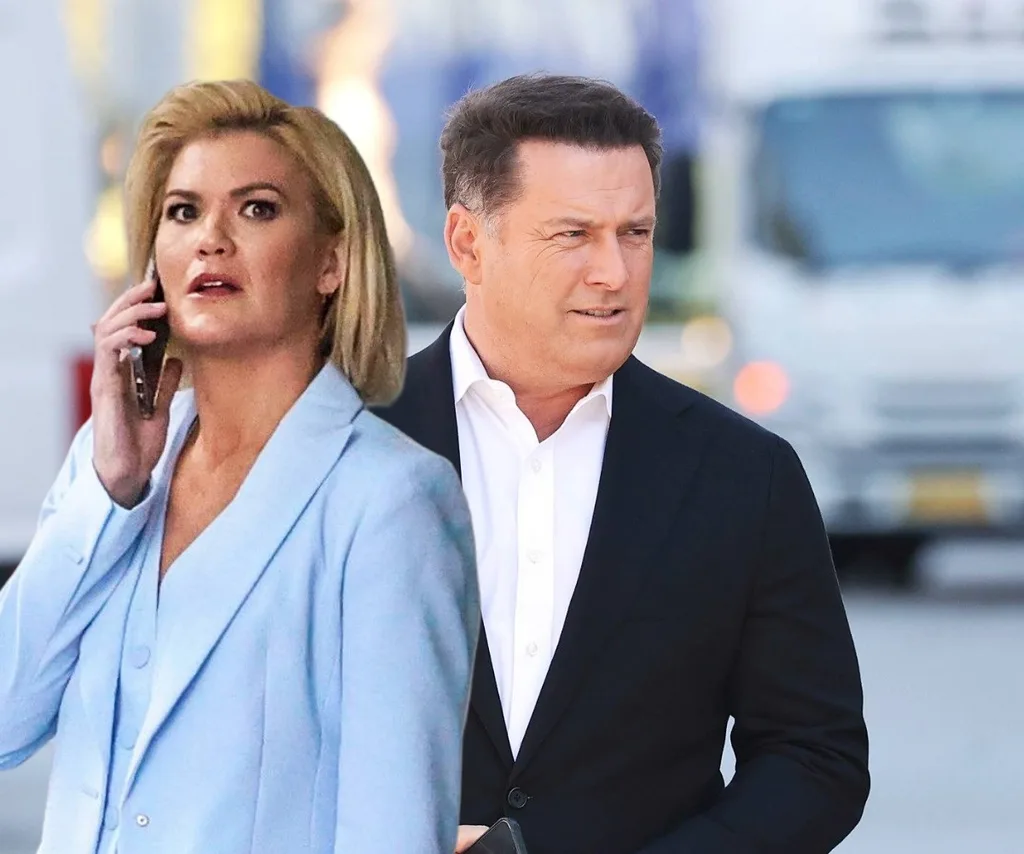 Sarah Harris looks tense as she takes a phone call while Karl Stefanovic stands behind her in a suit