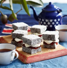 Lamingtons with jam and cream