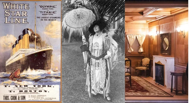 Poster of Titanic, a room from Titanic: The Human Story and survivor Margaret 'Molly' Brown