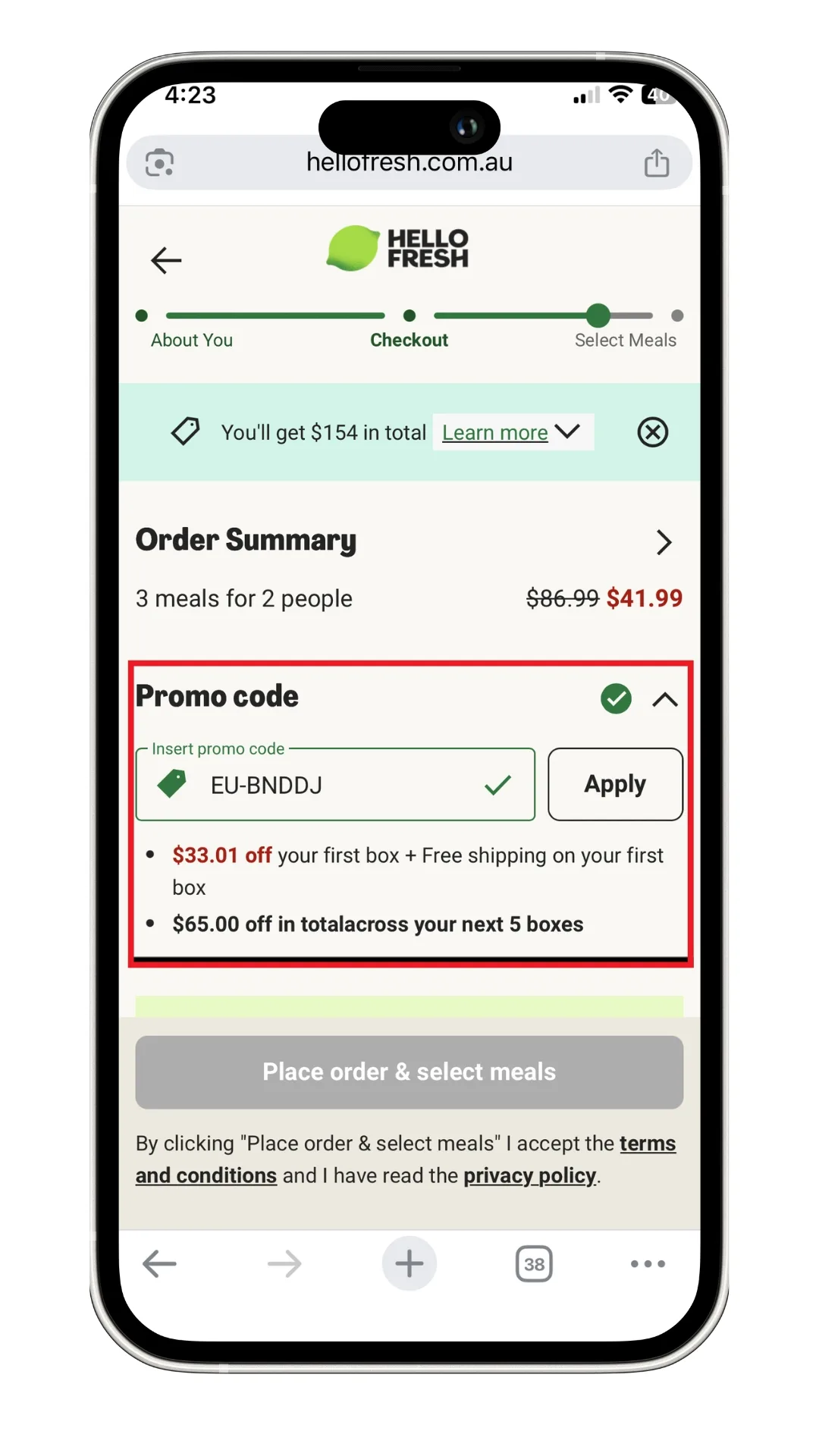 How to apply a Hellofresh discount code at checkout.