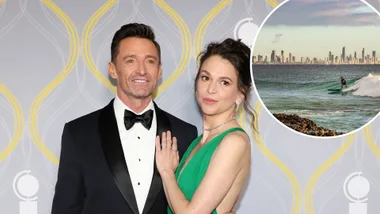 A man and woman with an inset of a hotel