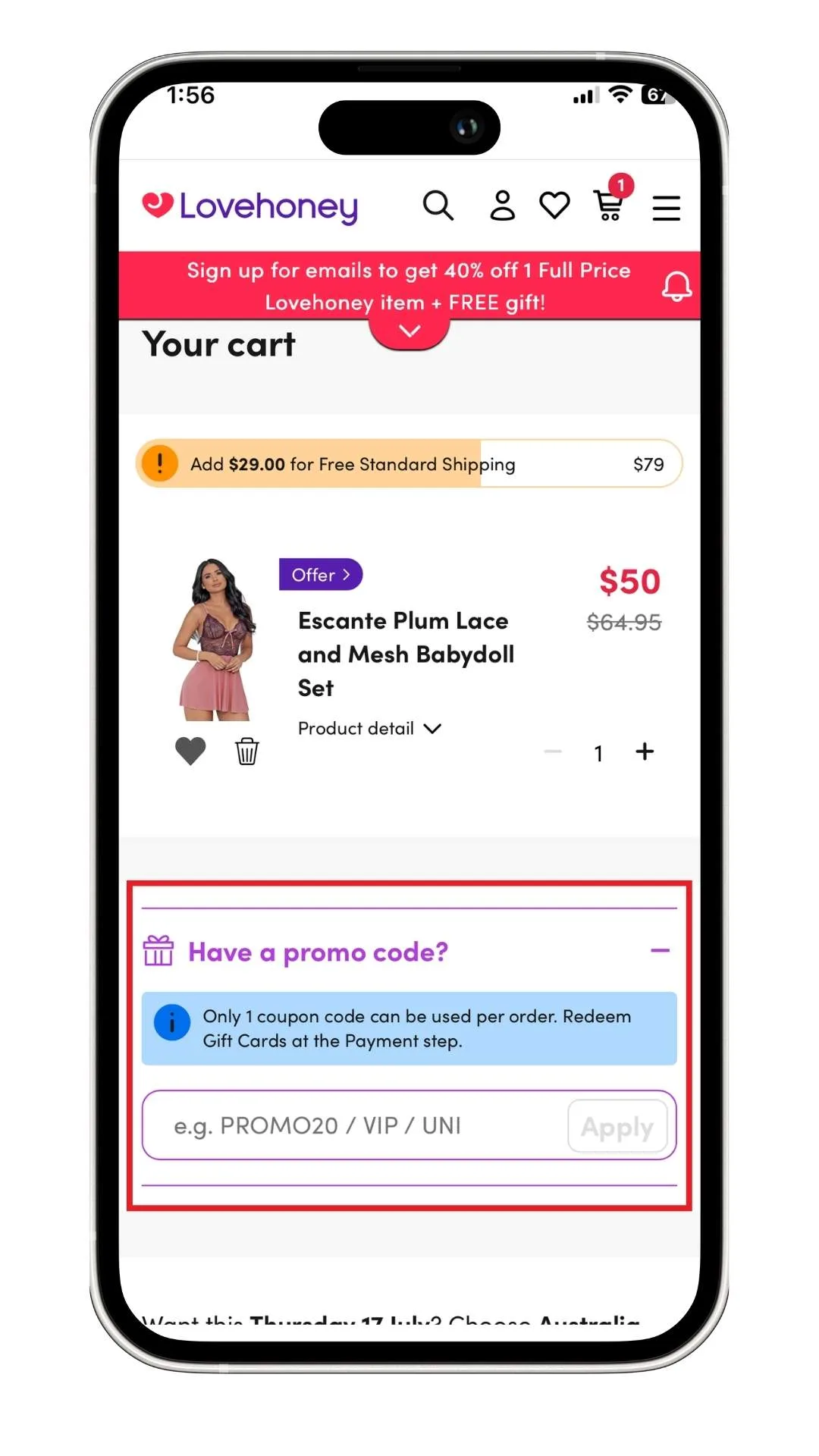How to apply a Love Honey promo code at checkout.
