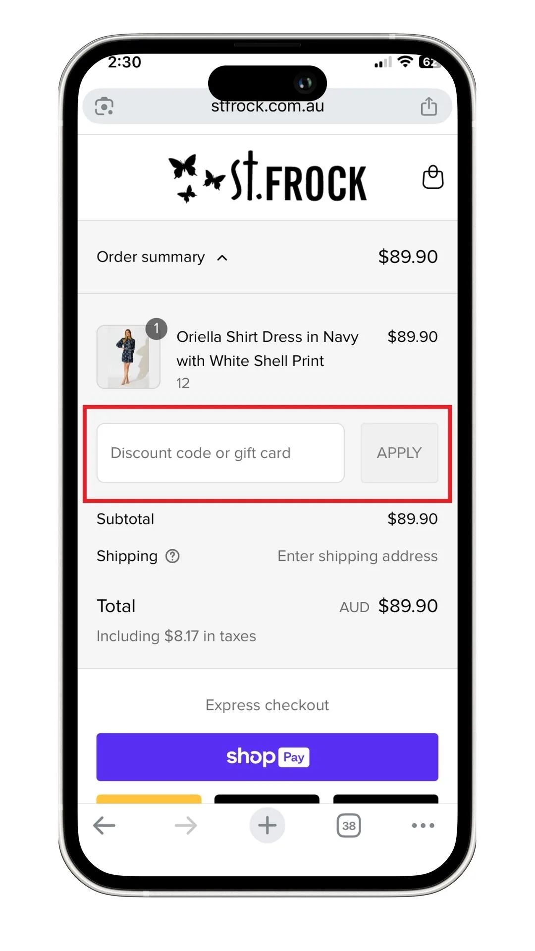 How to apply a St Frock discount code at checkout.