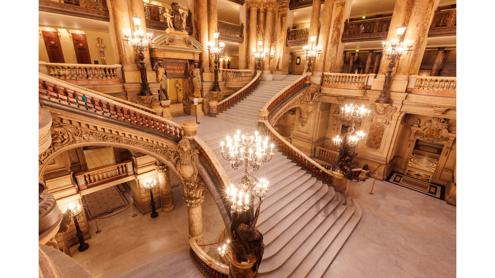 Inside the glamorous foyer of Palais Garnier.