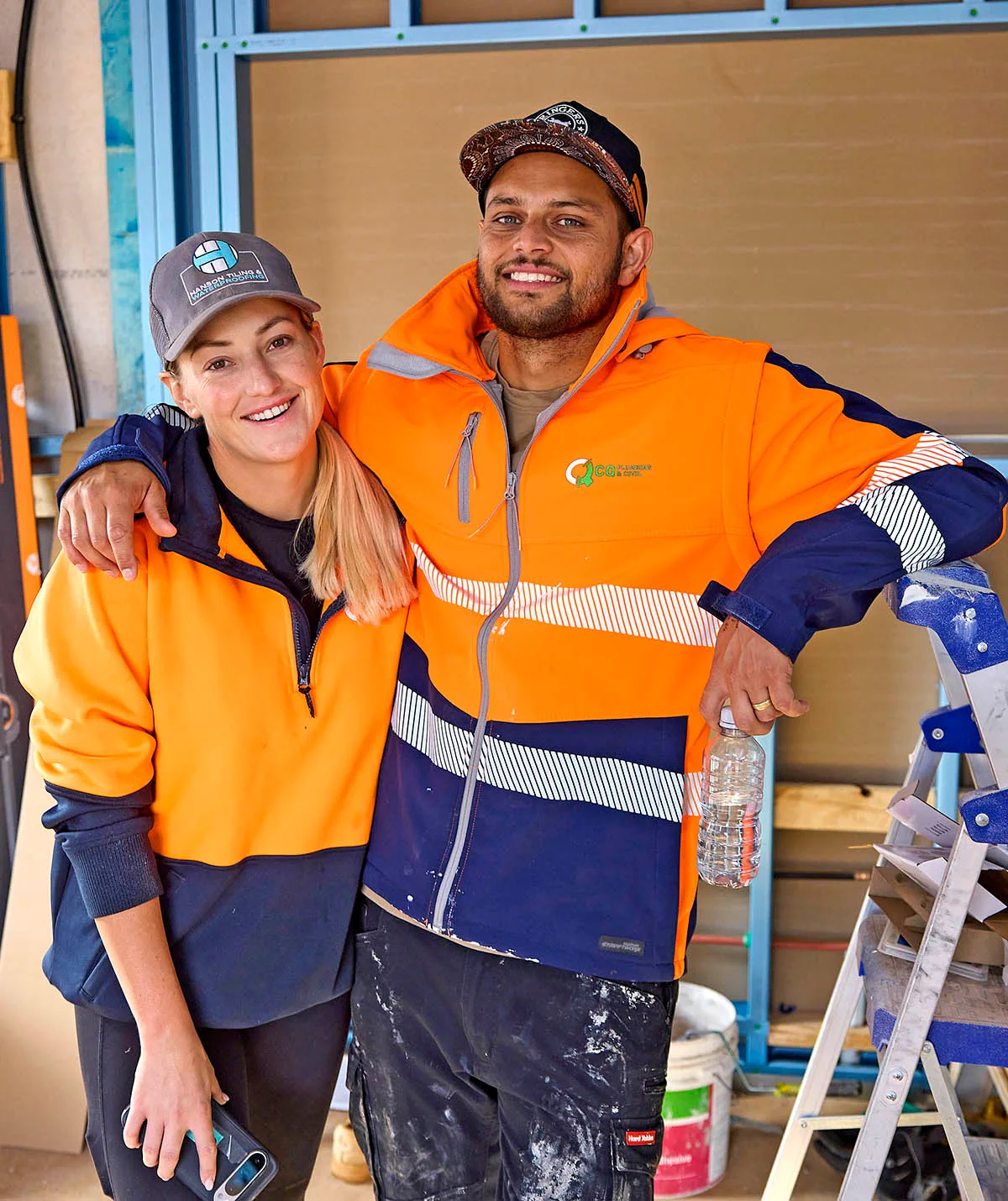 Brit and Taz in hi vis on set of The Block 2025 in Daylesford, Victoria.