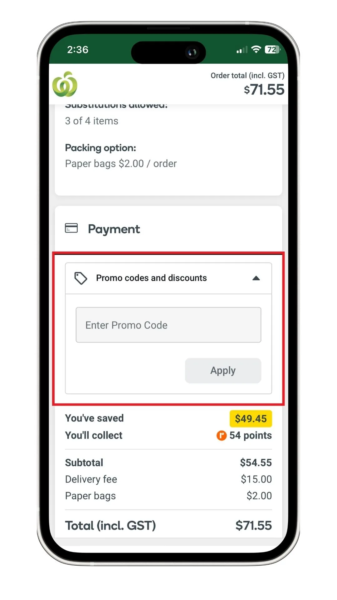 Woolworths Promo code checkout view