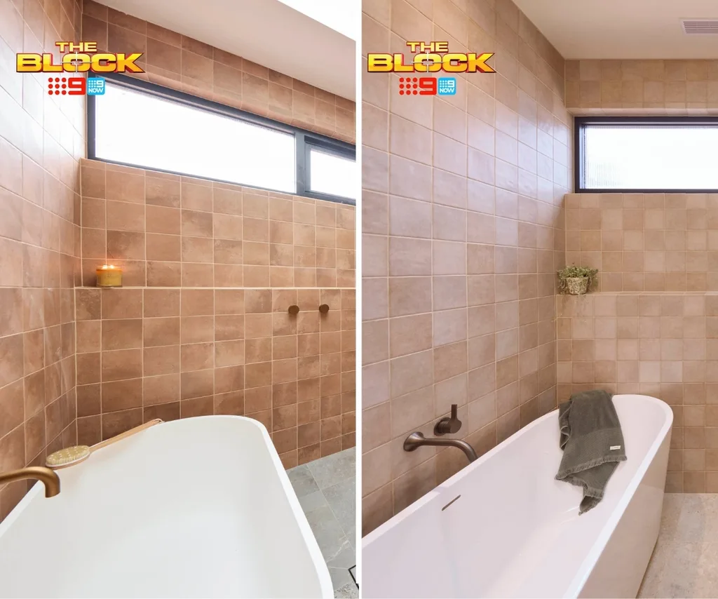 Two side-by-side images of similar looking bathrooms