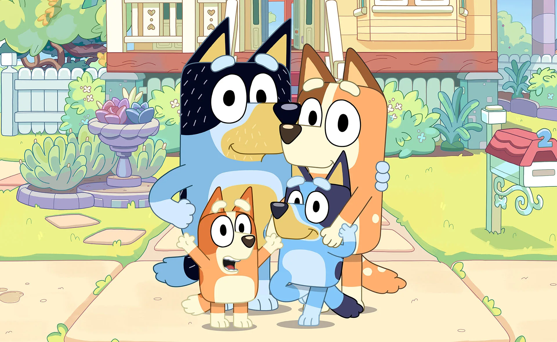 Animated characters Bandit, Chilli, Bluey and Bingo stand in front of their house.