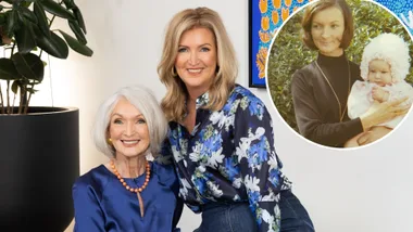 Two women and an inset of the same women more than 5 decades before when one was a baby.