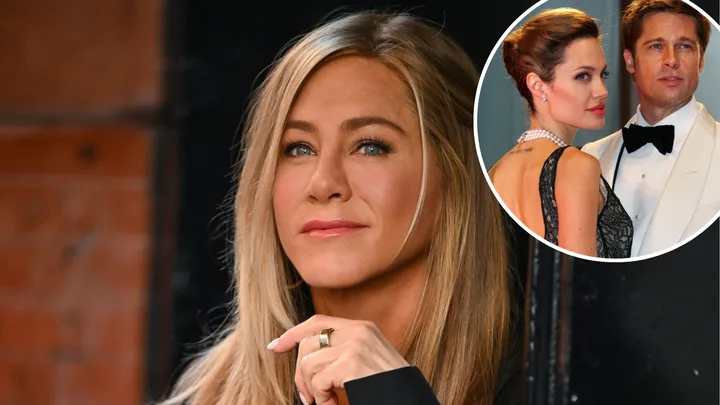 Jennifer Aniston. INSET: Angelina Jolie and Brad Pitt.