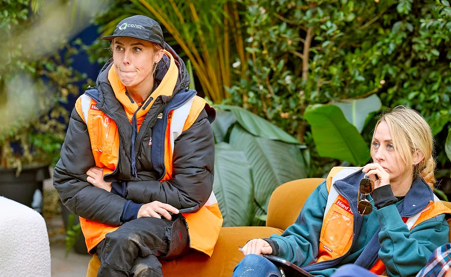 Han and Can sit on a couch looking fed up on The Block 2025.