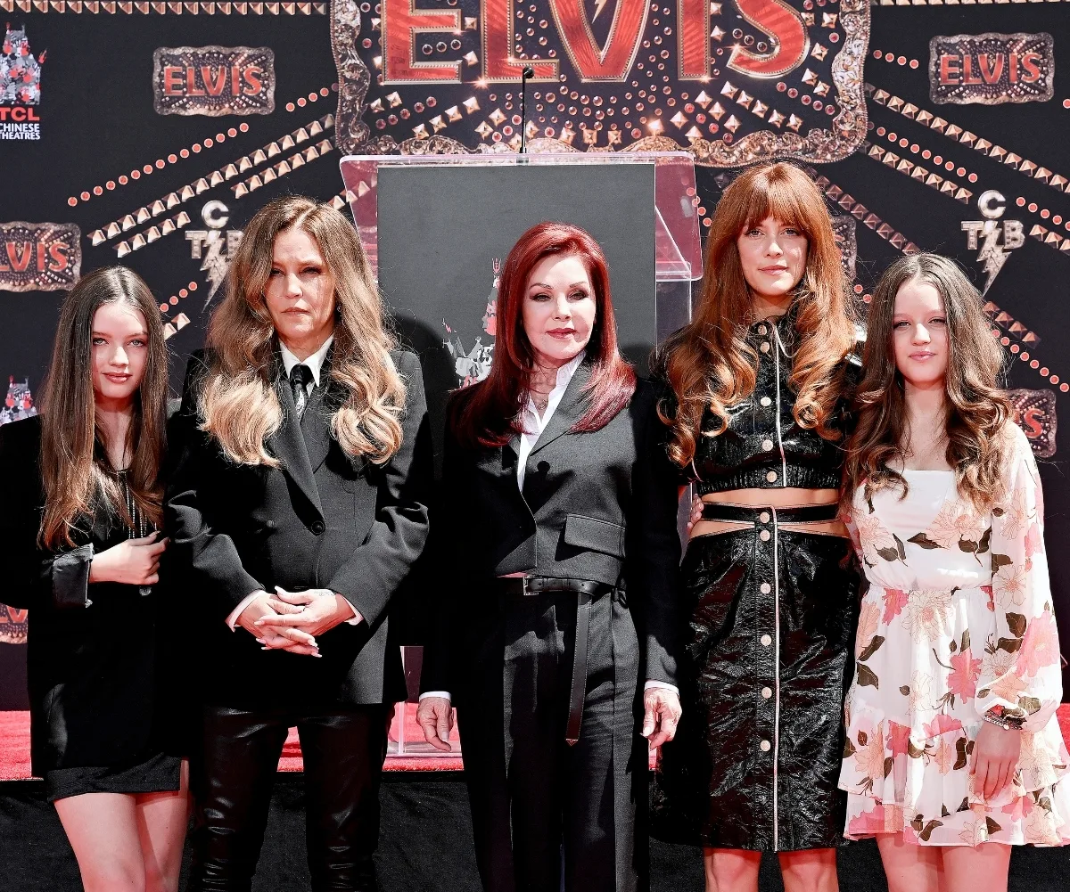 Wild claims: Priscilla's business partners say she pushed Lisa Marie to attend the Golden Globes when she knew she wasn't well. Pictured with twins Harper and Finley and granddaughter Riley Keough. (Image: Getty)