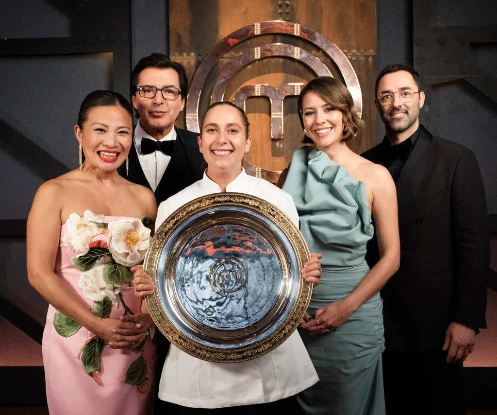 MasterChef judges Jean-Christophe Novelli, Poh Ling Yeow, Sofia Levin and Andy Allen smile around season 17 winner Laura Sharrad.