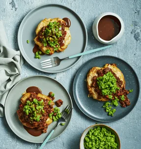 Potato cottage pies with mushy peas