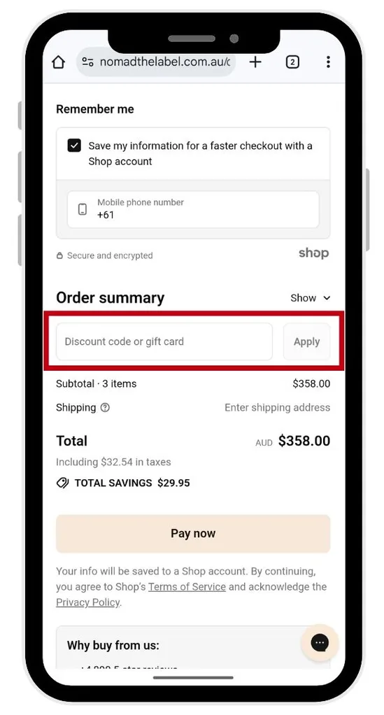 The Nomad the Label discount code field at the checkout.