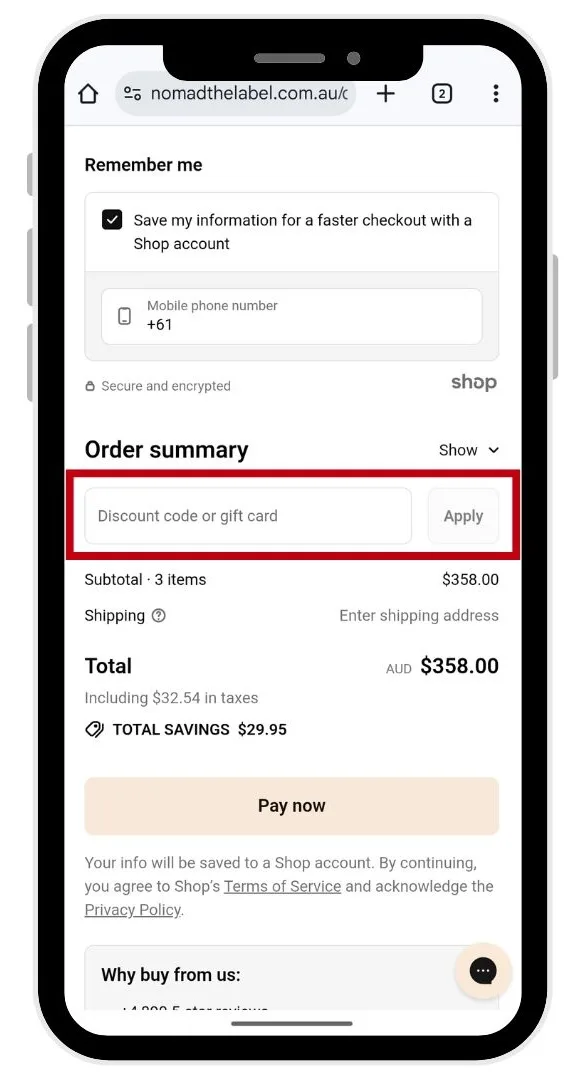 The Nomad the Label discount code field at the checkout.