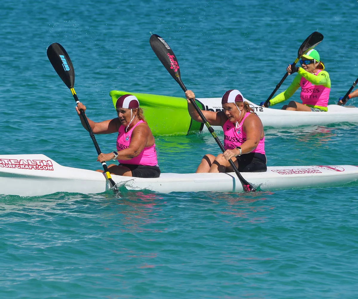 Jenny and I competing for Mooloolaba Surf Life Saving Club at Australian Surf Life Saving Titles 2023 at Scarborough Beach, Western Australia Women's 55-59 Masters Double Ski. (Image: Supplied)